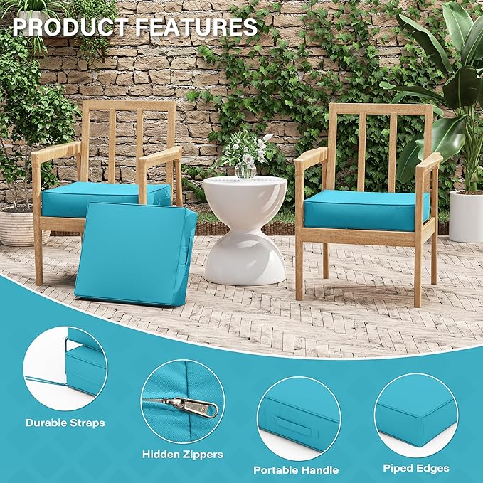 Patio Chair Cushions 18.5 X 16 X 4 Inch Waterproof Outdoor Seat Cushions for Patio Furniture, Outdoor Sofa Couch Pads with Ties & Handle, Set of 2, Lake Blue-VerdiqueGarden