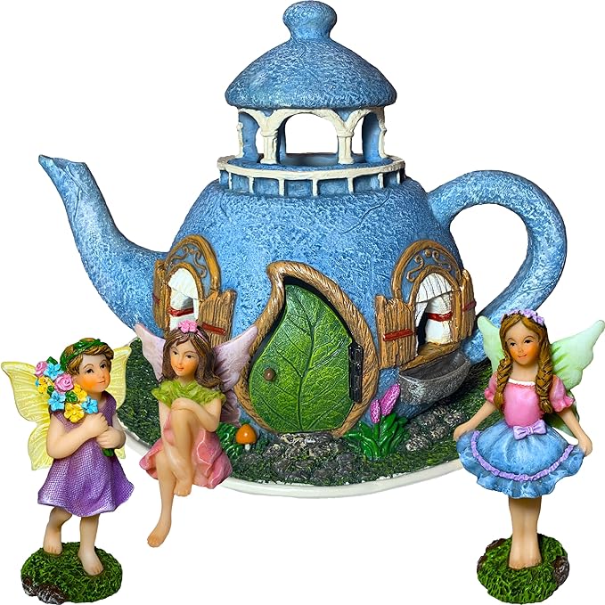 Mood Lab Fairy Garden Miniature Teapot House Kit - Figurines and Accessories Set of 4 pcs - 7.1 Inch Tall House-VerdiqueGarden