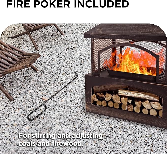 Bestier 37" Fire Pits, Wood Burning Fireplace for Outside Rectangular Chiminea Outdoor Firepits with Poker, Wood Storage, Rain Cover and Removable Fire Grill for Patio, Garden, Backyard, Camping-VerdiqueGarden
