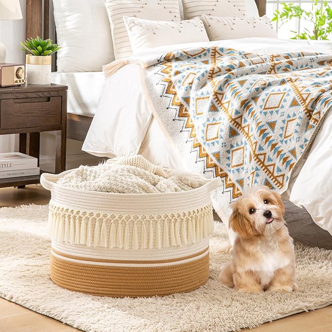 KAKAMAY Large Blanket Basket (20"x13"),Woven Baskets for storage Baby Laundry Hamper, Cotton Rope Blanket Basket for Living Room, Laundry, Nursery, Pillows, Baby Toy chest (White Fringe)-VerdiqueGarden
