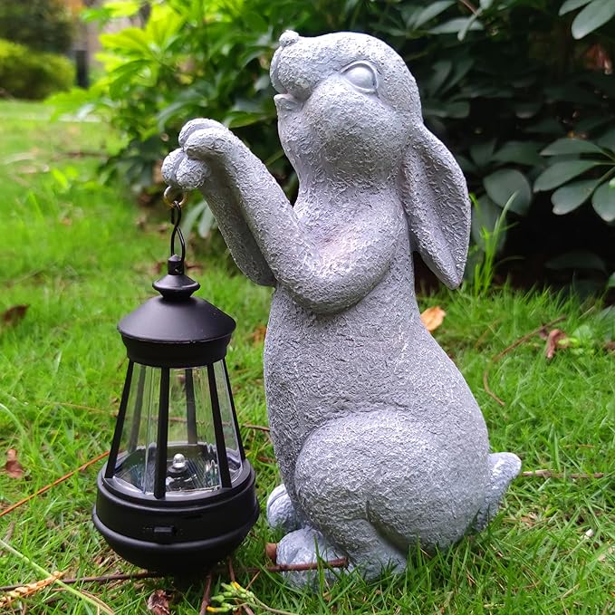 Rabbit Solar Garden Outdoor Statues,Resin Rabbit Figurine Decorations with Solar Lights Lantern, Outdoor Rabbit Art Decor for Lawn,Yard, Unique Housewarming Gift for Garden Home-VerdiqueGarden