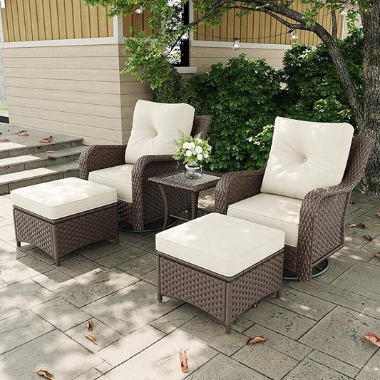5 Pieces Outdoor Patio Furniture Sets with Rocking Swivel Chairs with 6-inch Thick Cushion and Side Table for Deck Lawn-VerdiqueGarden