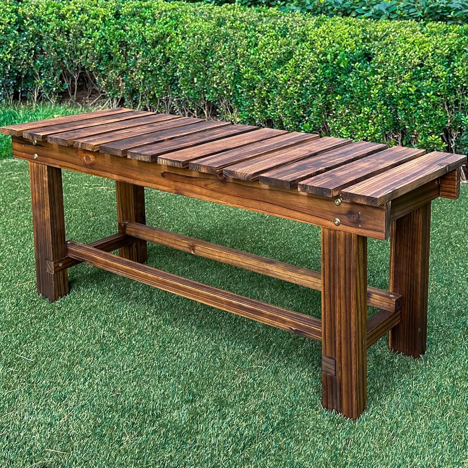 Outdoor Garden Bench, 3-Person Wood Patio Bench Weatherproof Outdoor Backless Bench, Anti-Corrosion and Anti-Rust Garden Benches for Garden Lawn Porch Park Backyard (Carbonized,47.25''/120cm)-VerdiqueGarden