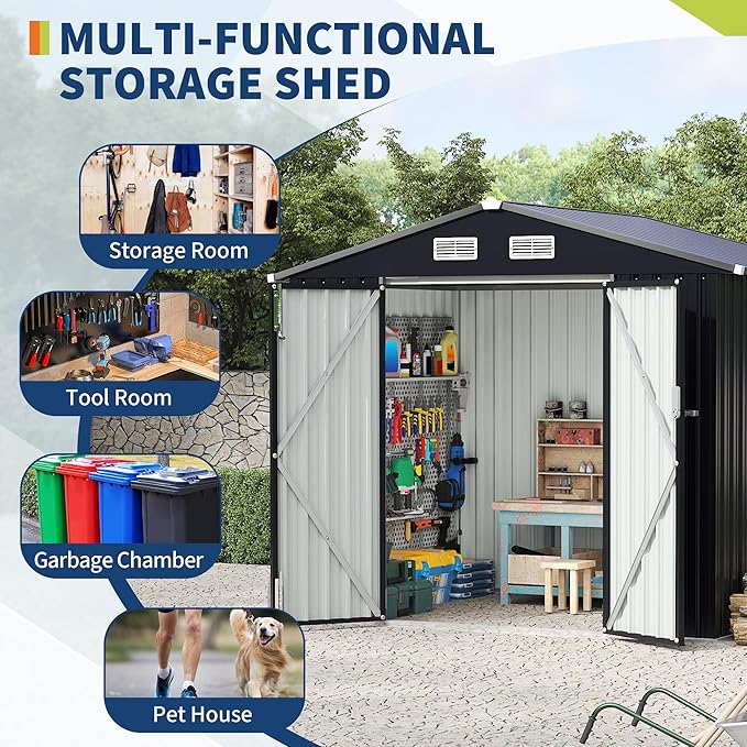 8x10 FT Metal Storage Sheds Outdoor, Metal Yard Sheds MetalGarden Shed Kit, MetalTool Shed with Lockable Door, Utility Buildings with Air Vent for Backyard Garden Patio Lawn-VerdiqueGarden