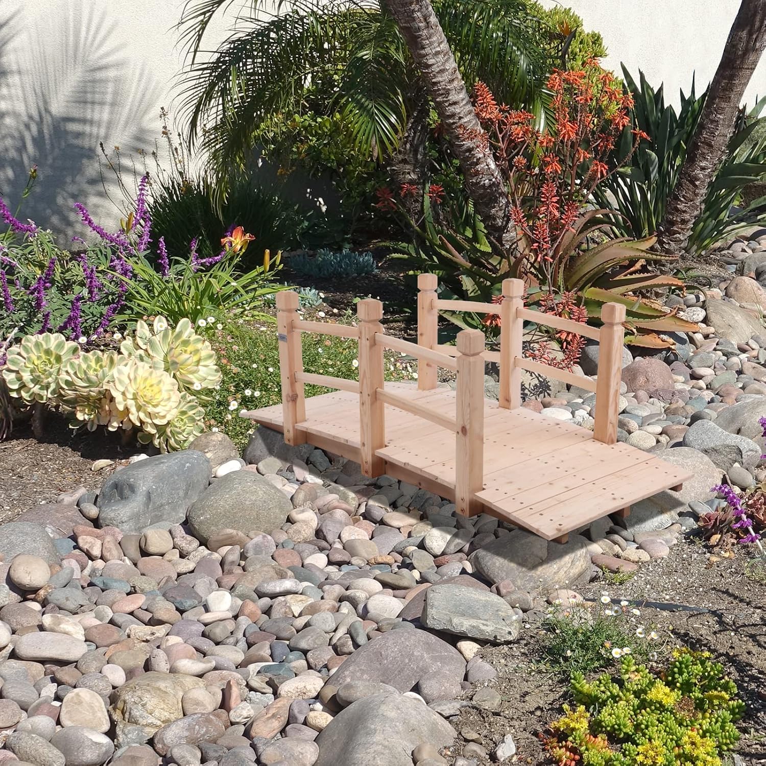 VINGLI 5 ft Garden Bridge, Classic Wooden Arch with Safety Rails Natural Finished Footbridge, Decorative Pond Landscaping, Backyard Creek or Farm-VerdiqueGarden