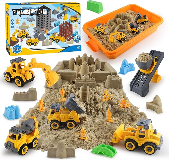 Construction Sandbox with Lid - 4 Vehicles with 1 Conveyor, 8 Castle Molds, 6 Figures & 3lbs Moldable Sand - Preschool Sensory Bin for Fine Motor Skills, Ages 3-6-VerdiqueGarden