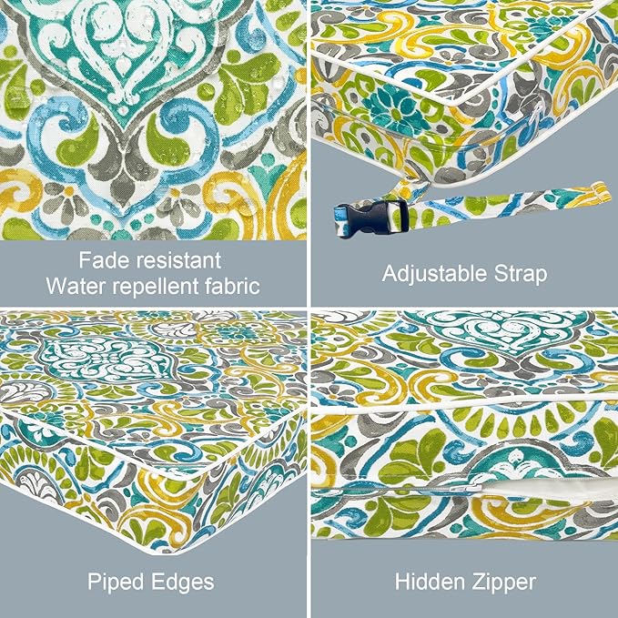 LVTXIII Patio Chair Cushions 22"x22"x3", Water-Repellent Outdoor Seat Cushions for Patio Furniture, Square Chair Pads with Ties for Home Garden Decoration, Set of 2, Damask Green-VerdiqueGarden