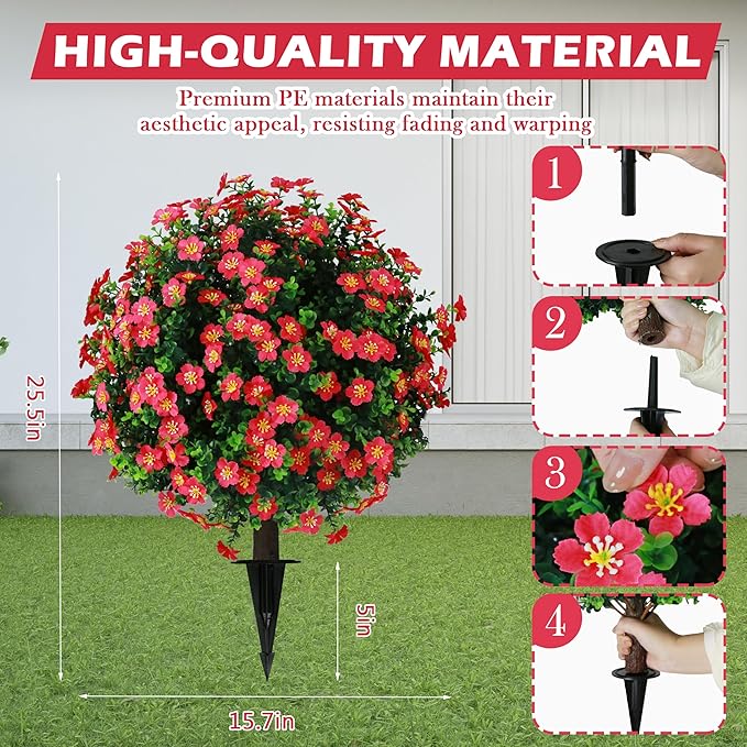 Sunnyglade Set of 2 Artificial Boxwood Topiary Ball Trees with Red Flower, Faux Shrub Bushes with Ground Spike 25.5", UV Resistant Fake Boxwood Plants for Indoor, Garden, Porch, Patio Decor (Red)-VerdiqueGarden