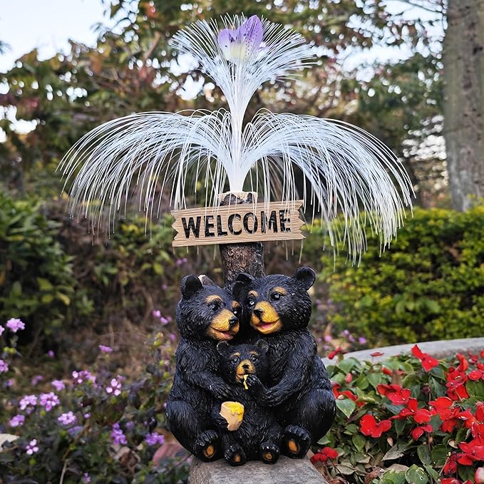 Solar Bear Garden Statues,Resin Black Bear Family Figurine with Welcome Card and 7-Color Changing Optical Fiber with Solar Lights, Lawn Decor Outdoor Statue for Patio,Balcony,Yard,Lawn-VerdiqueGarden