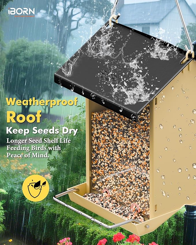 iBorn Bird Feeders for Outdoors,Bird House Feeder with Weatherproof Metal Roof & 8 Drain Holes,Fully Detachable Birdfeeder Design,Easy Clean & Refill,Chew-Proof PC Windows,1.5 Lbs Capacity,Black Roof-VerdiqueGarden