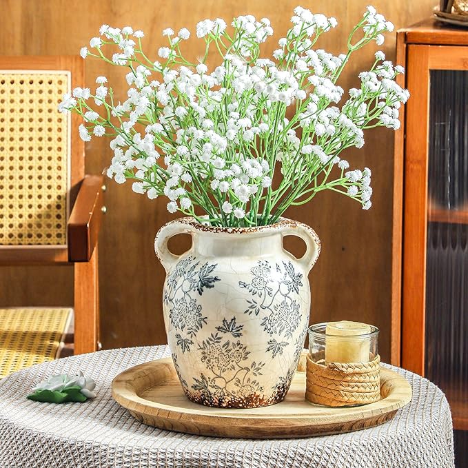 Enra Vintage vase with Handle,Blue and White Ceramic Decorative Flower vase, Chinoiserie Floral Vase,Large Rustic Vases for Home Decors, Living Room, Bookshelf, Office,7.8 in-VerdiqueGarden