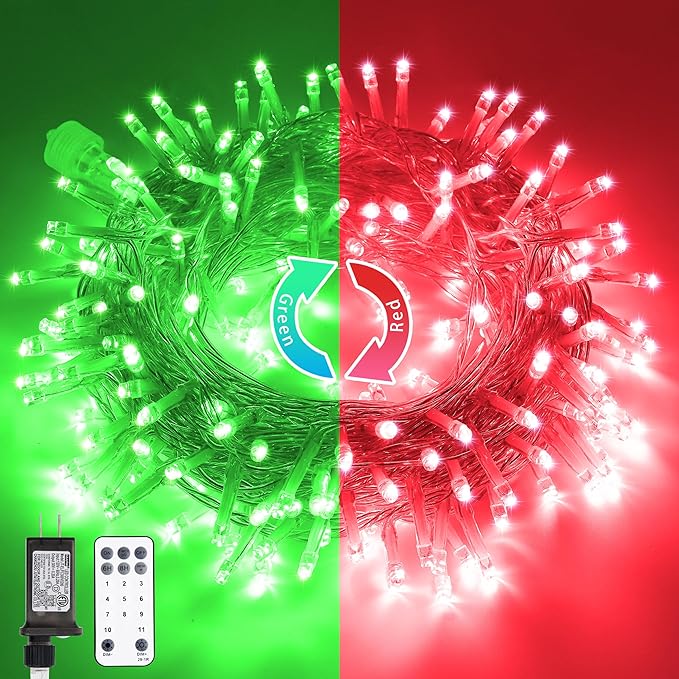 JMEXSUSS 200 LED Christmas String Lights Outdoor, Red & Green Christmas Lights Clear Wire, 11 Modes Connectable Twinkle String Lights Plug in for Christmas Halloween Garden Home Decorations-VerdiqueGarden