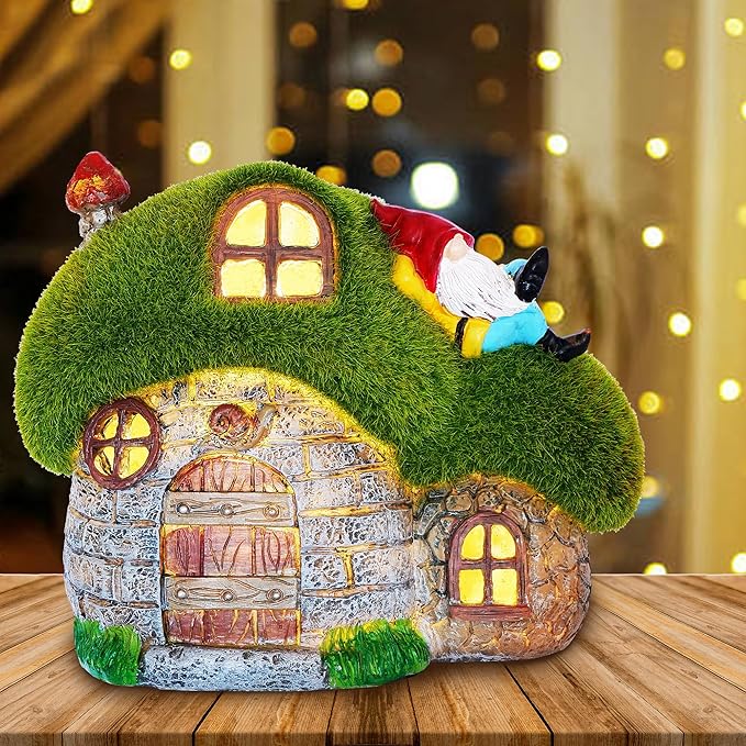 ILLUMINEW House Garden Statues with Solar Lights, LED Cute Flocked Fairy House with Gnomes Garden Figurine, Outdoor Patio Yard Lawn Decorations Gift-VerdiqueGarden