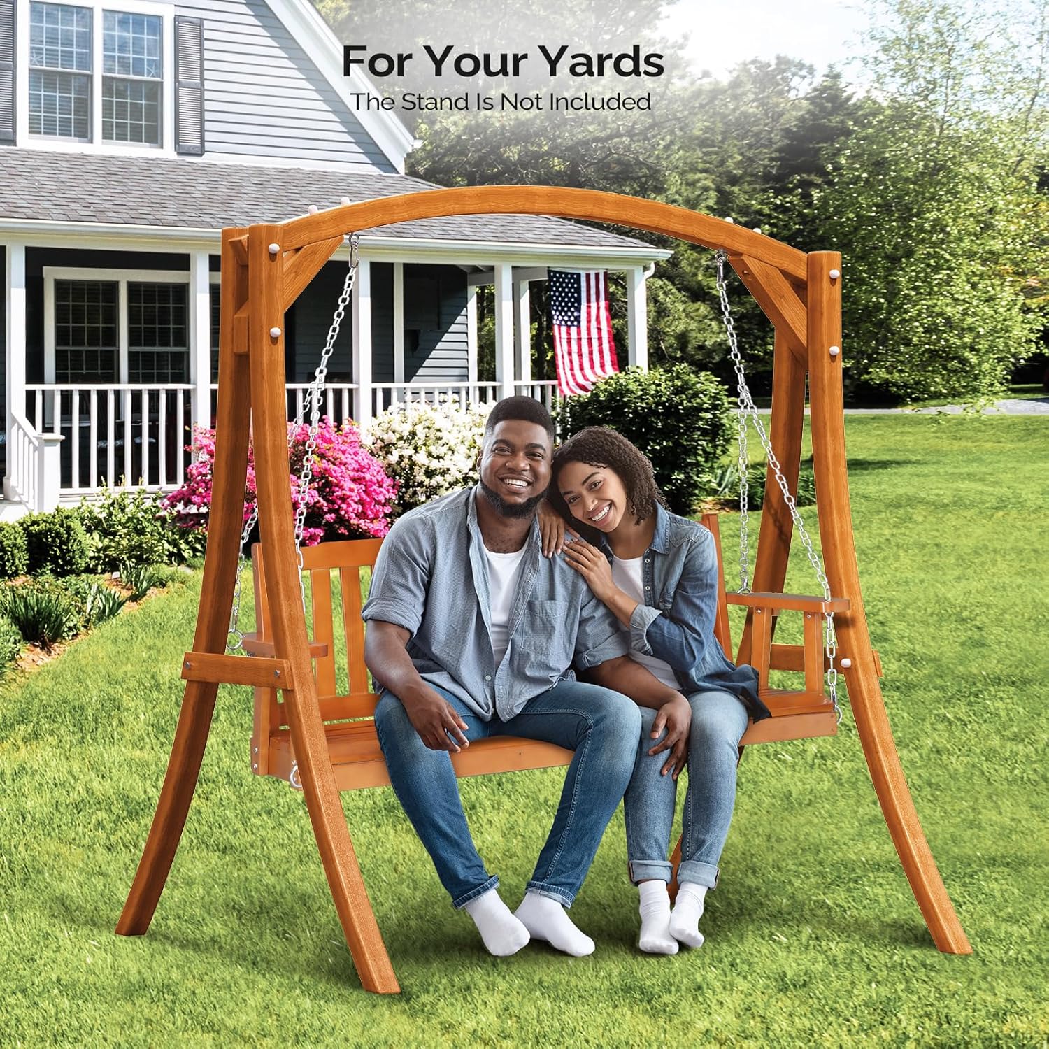 VINGLI Heavy Duty 880 LBS 5 FT Patio Wooden Porch Swing Outdoor with Upgraded Adjustable Chains, Outdoor Hanging Swing Bench for Garden, Yard, Balcony (5 FT, Brown)-VerdiqueGarden