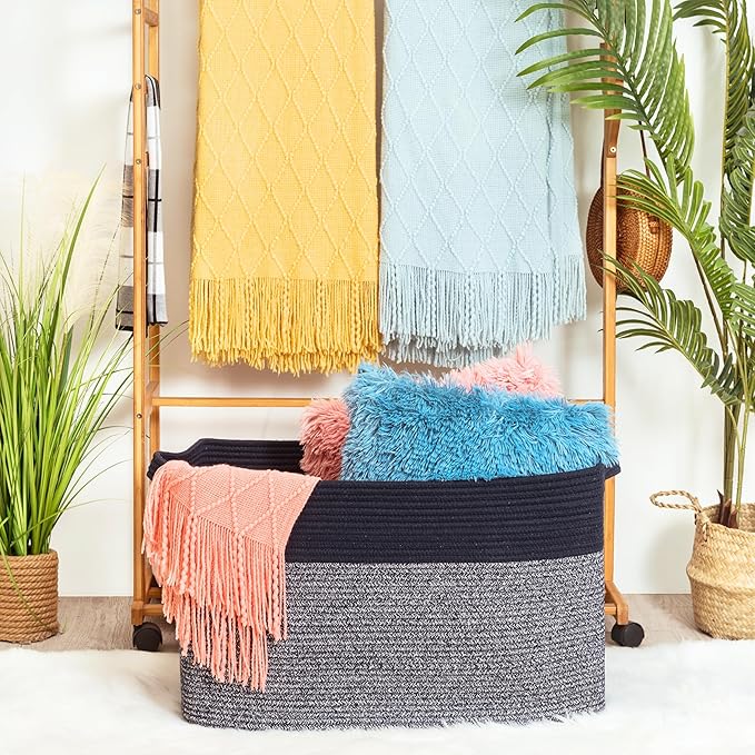 MINTWOOD Design 22in Extra Large Blanket Basket Holder for Living Room, Rectangle Rope Woven Storage Bin with Handles for Laundry, Pool Towels, and Shoes, Dog Toy Box Organizer, Navy Blue-VerdiqueGarden