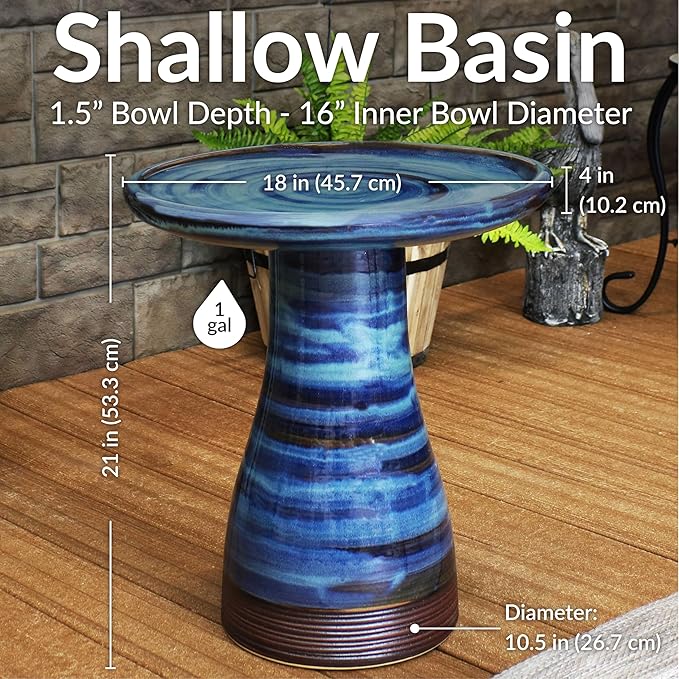 Sunnydaze 21" H Ceramic Bird Bath for Outside - Hand-Painted Outdoor Bird Bath Bowl, UV/Frost-Resistant Finish - Galaxy Blue - Ribbed Pedestal-VerdiqueGarden