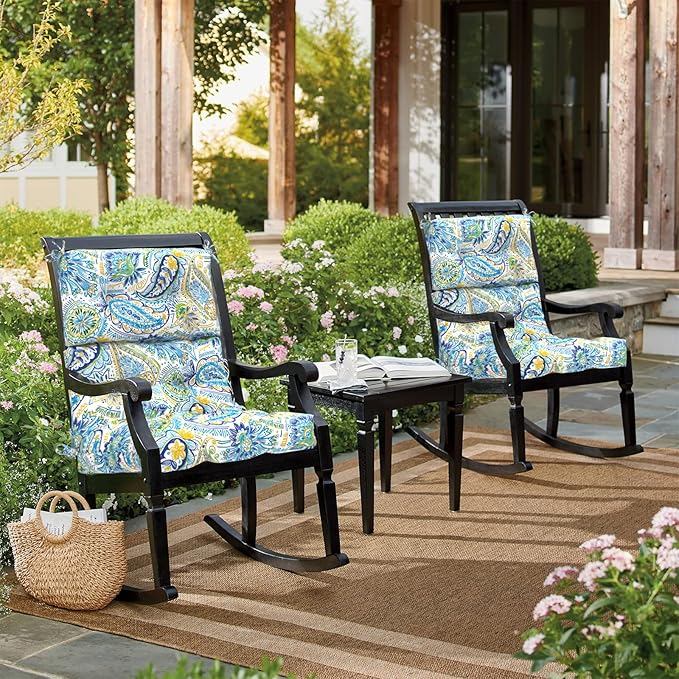 LVTXIII 2 Pack Outdoor/Indoor High Back Chair Cushions, Deep Seat Patio Seat and Back Cushion Set, Stuffed High Rebound Foam Rocking Chair Cushions, 44”x22”x4”, Paisley Blue-VerdiqueGarden