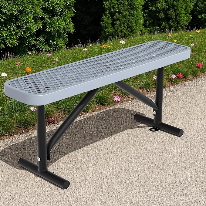 48" L Outdoor Steel Flat Bench, Heavy Duty Metal Park Bench for Outside, Expanded Metal, Commercial Benches Mesh Bench for Shopping Mall, Store, Lawn, Park, Patio, Deck, Garden (Grey, 4FT)-VerdiqueGarden