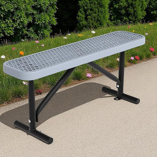 48" L Outdoor Steel Flat Bench, Heavy Duty Metal Park Bench for Outside, Expanded Metal, Commercial Benches Mesh Bench for Shopping Mall, Store, Lawn, Park, Patio, Deck, Garden (Grey, 4FT)-VerdiqueGarden