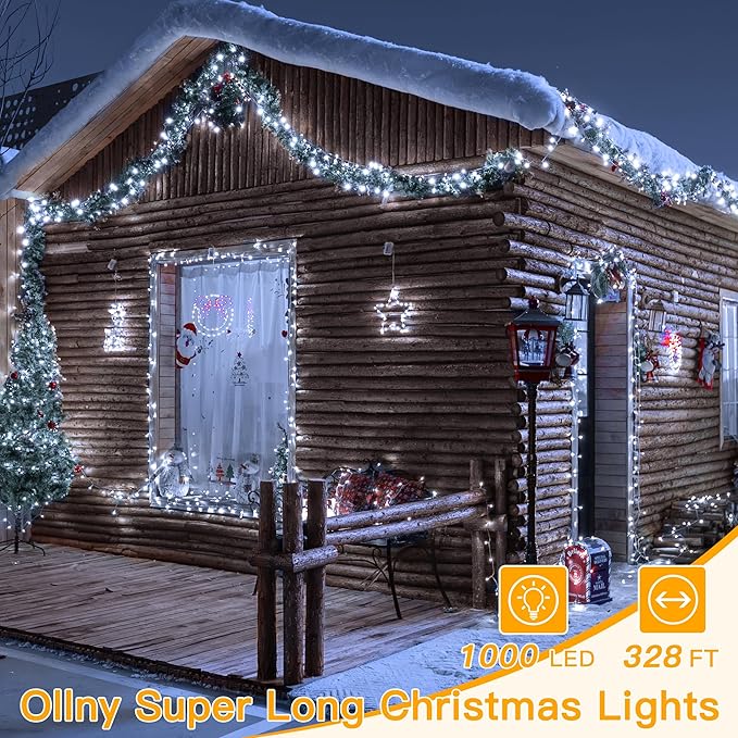 Ollny Christmas Lights Outdoor Waterproof, 1000LED 328FT Super Long String Lights with Remote 3 Timer, Plug in 8 Modes Fairy Light for Outside House Bedroom Xmas Decorations, Cool White-VerdiqueGarden
