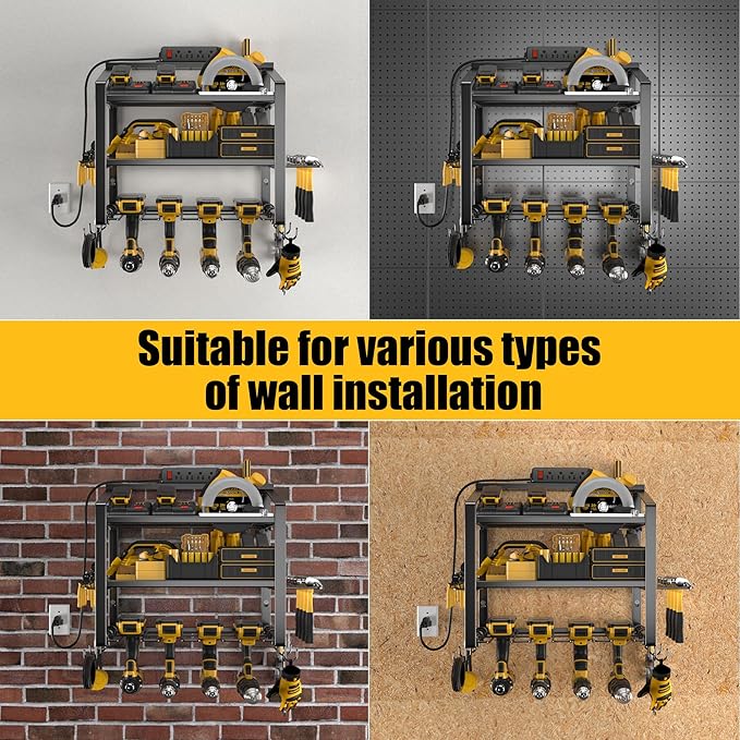 Power Tool Organizer With Charging Station, Heavy Duty Steel 4 Slots, Tool Battery Holder with 4 Outlet Power Strip, Easy To Install Garage Storage Rack for Workshop/Shed Gift For Men-VerdiqueGarden