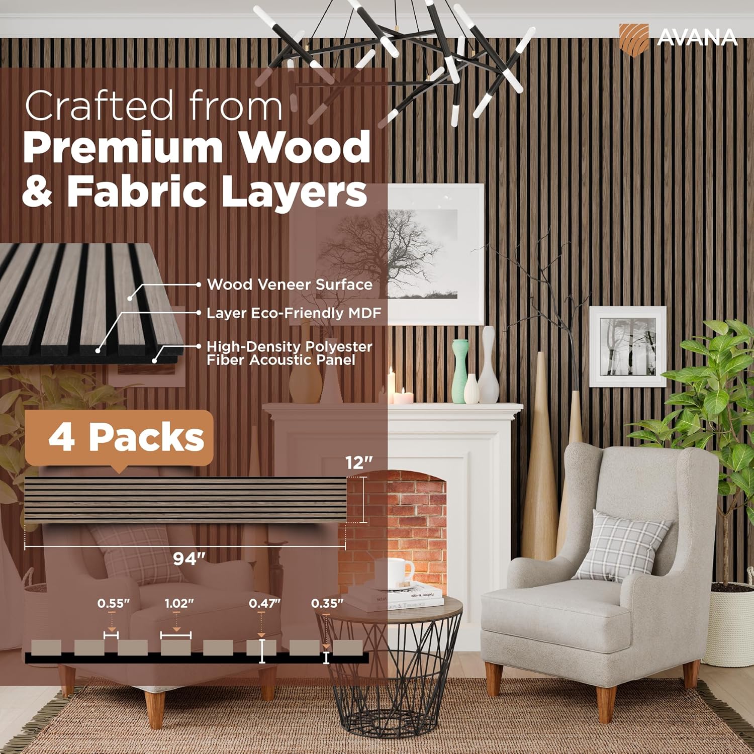 Avana Acoustic Wood Wall Panels – 94.4 x 12.6 Inch Natural Walnut Acoustic Panels 4 PCs – Wall Panels For Interior Wall Decor For Homes, Offices, Studios – Pleasing Decorative Wood Panels For Wall-VerdiqueGarden