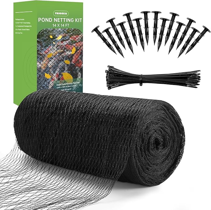 Pond Netting, Pond Netting for Koi Ponds 14 x 14 FT Pond Net, Heavy Duty Woven Fine Mesh Pond Garden Pool Netting Kit for Leaves to Catch Leaves and Debris, Protects Koi Fish from Birds Cats Predators-VerdiqueGarden