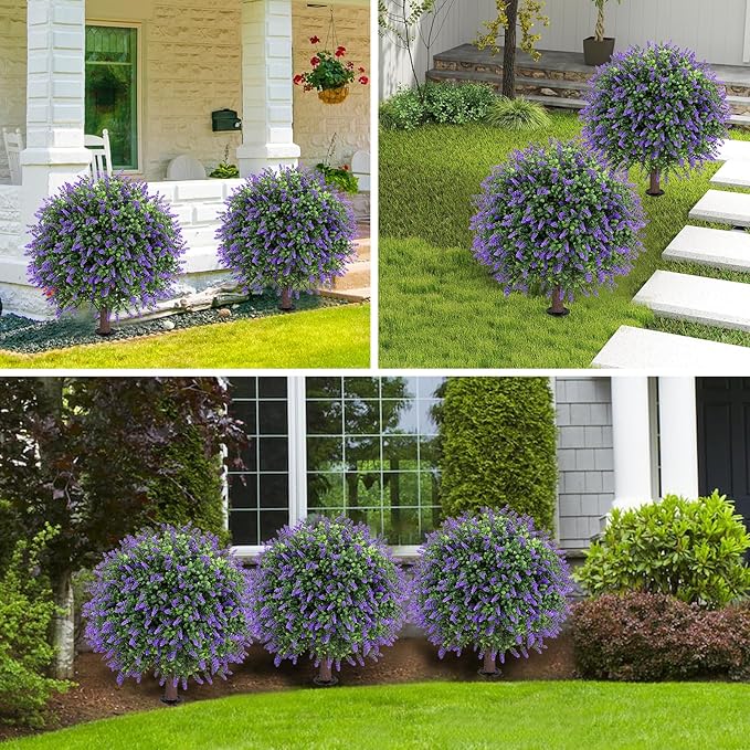 Artificial Lavender Topiary Ball Tree 25" with Ground Spike, Set of 2 Artificial Boxwood Bushes for Faux Shrubs, Fake Evergreen Faux Plant for Indoor Outdoor Porch Garden -UV Resistant–Fade-Proof-VerdiqueGarden