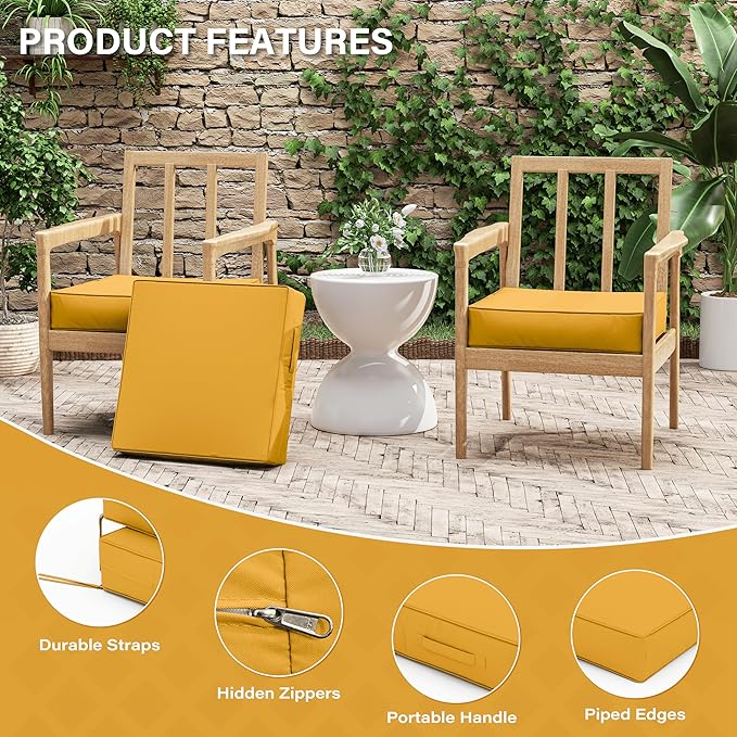 Patio Chair Cushions 19 X 19 X 4 Inch Waterproof Outdoor Seat Cushions for Patio Furniture, Outdoor Sofa Couch Pads with Ties & Handle, Set of 2, Yellow-VerdiqueGarden