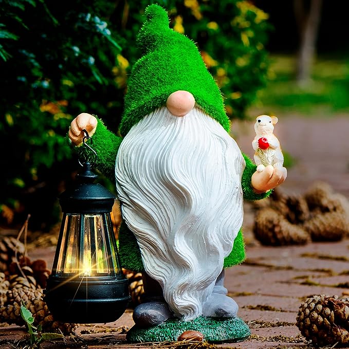 Garden Gnome with Squirrel 11.8, Gnomes with Solar Lantern, Garden Statues Outdoor Clearance, Garden Gnomes Outdoor Funny for Patio Decor, Fall Gnomes-VerdiqueGarden