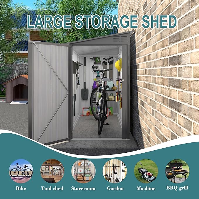 4 * 9.2 FT Outdoor Storage Shed, Galvanized Steel Garden Shed with Lockable Door & Window, Waterproof Metal Tool Storage for Garden, Backyard, Patio, Lawn(Gray)-VerdiqueGarden