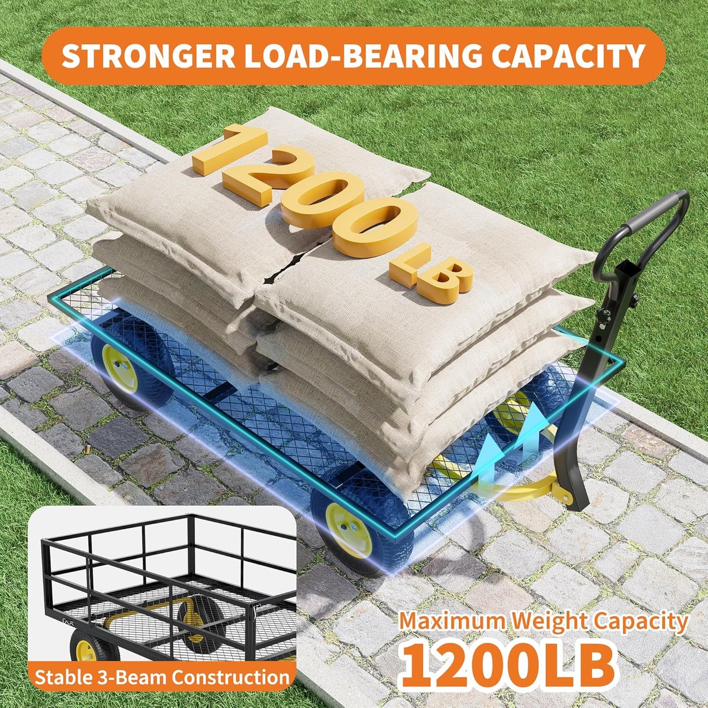 3-in-1 Heavy-Duty Steel Garden Cart, 1200 Lbs Garden Wagon, with 13 Inch All-Terrain Tires and Removable Mesh Side Panels, 180° Rotating Handle, Metal Multi-Function Carts, Outdoor Gardens Wagon Cart-VerdiqueGarden