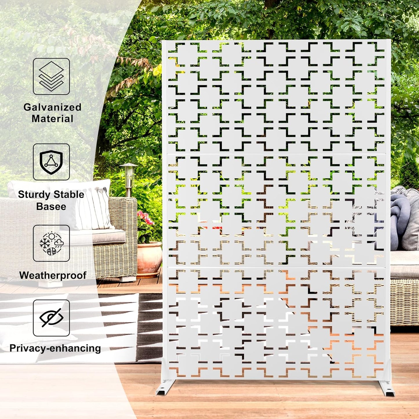 Metal Privacy Screen Outdoor 72" H×47" W,Freestanding Decorative Privacy Screen for Balcony Yard&Garden,Privacy Fence-White&Square-VerdiqueGarden