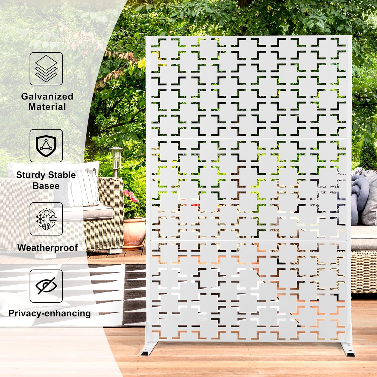 Metal Privacy Screen Outdoor 72" H×47" W,Freestanding Decorative Privacy Screen for Balcony Yard&Garden,Privacy Fence-White&Square-VerdiqueGarden