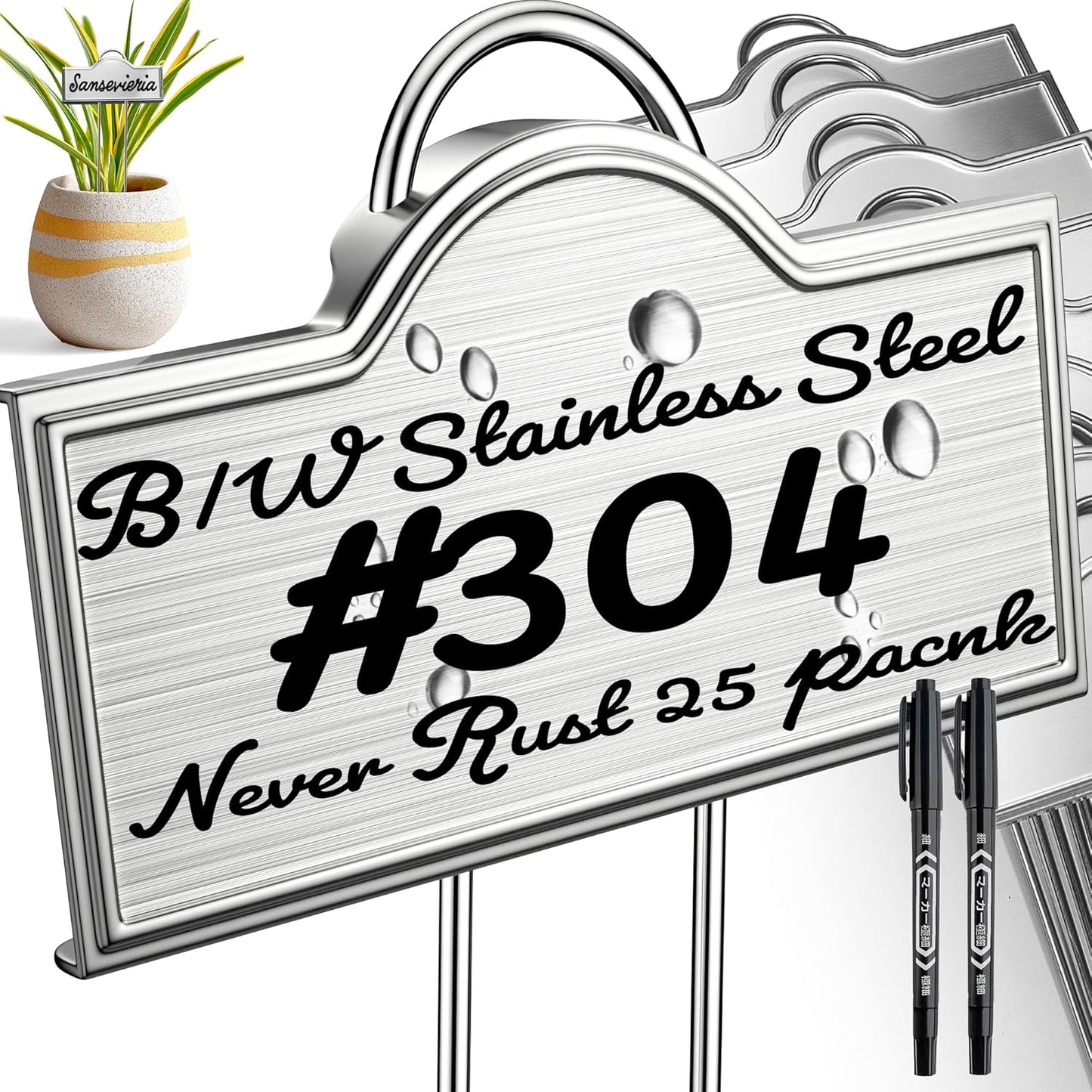 Stainless Steel 304 Plant Labels for Garden Outdoor | Metal Plant Markers Waterproof for Vegetables Herb Seedlings Flowers with 2 Pens | 25 Pack | Label Area 3.74'' x 1.39'' Height 10.75 Inch | Silver-VerdiqueGarden