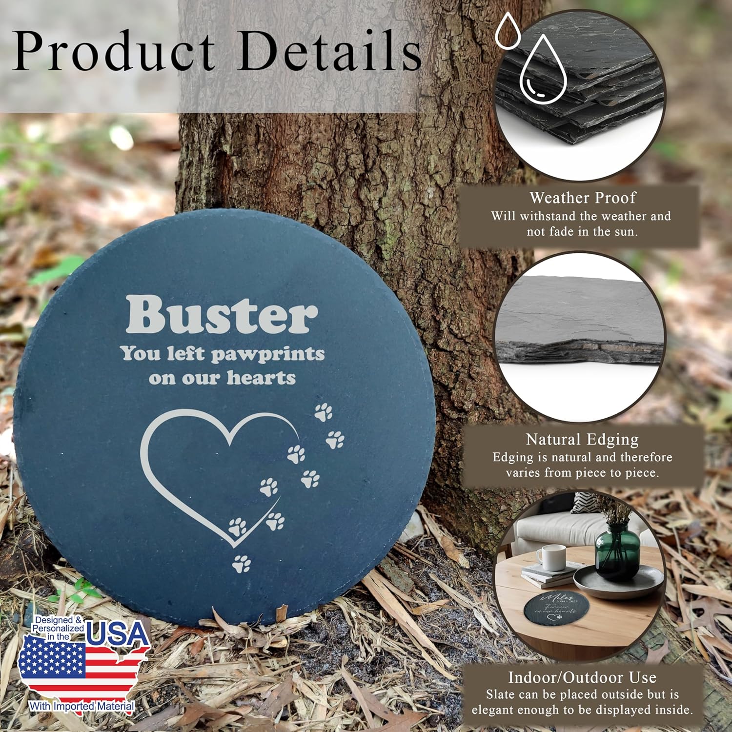 Personalized Pet Memorial Stone for Dogs and Cats | Custom Laser-Etched Weatherproof Garden Grave Marker | Natural Stone Bereavement Headstone Sympathy Gift | 4, 6, 10, or 12 Inch Heart or Circle Shape (A12)-VerdiqueGarden