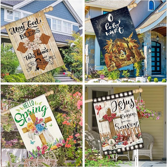 11 Pcs Christian Garden Flag Cross Yard Flags for All Season Christian Welcome Large 28 x 40 Inch Flags Double Sided Print Vertical House Flags Decorations for Home Outdoor Lawn-VerdiqueGarden