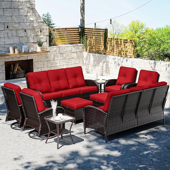 Joyside 10 Piece Patio Furniture Set, Outdoor Wicker Conversation Sets with Swivel Rocker Chairs and Sofa, Thick Cushion, Rattan Patio Sectional for Porch, Deck Use (Brown/Red, 10 PCS)-VerdiqueGarden