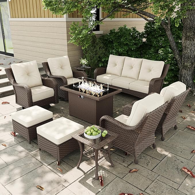 10 Pieces Outdoor Patio Furniture Sets with Rocking Swivel Chairs with 6-inch Thick Cushion and Fire Pit Table for Deck Lawn-VerdiqueGarden