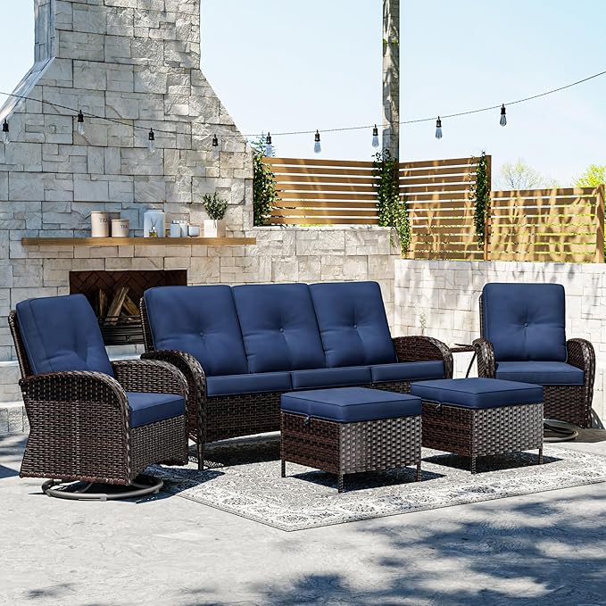 Joyside 6 Piece Patio Furniture Set, Outdoor Wicker Conversation Sets with Swivel Rocker Chairs and Sofa, Thick Cushion, Rattan Patio Sectional for Porch, Deck Use (Brown/Blue, 6 PCS)-VerdiqueGarden