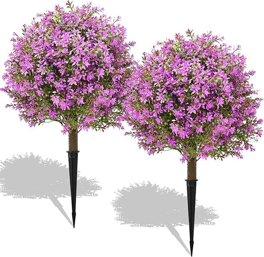 28" Artificial Boxwood Topiary Tree Purple, Set of 2 UV Resistant Fake Evergreen Shrubs Bushes with Ground Spike, Realistic Plants for Outdoor Indoor Front Porch Garden Home Decor-VerdiqueGarden