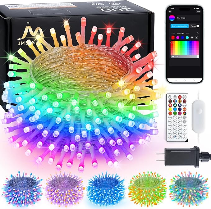 JMEXSUSS 200 LED RGB String Light Outdoor Indoor, Christmas Lights Outdoor Clear Wire Christmas Lights Plug in for Bedroom Tree Room Party Birthday Decorations-VerdiqueGarden
