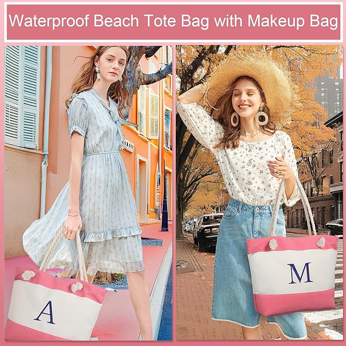 YOOLIFE Beach Bags for Women - Initial Tote Waterproof Bag with Makeup Bag, Mothers Day Gifts for Women Mom Friend Birthday-VerdiqueGarden