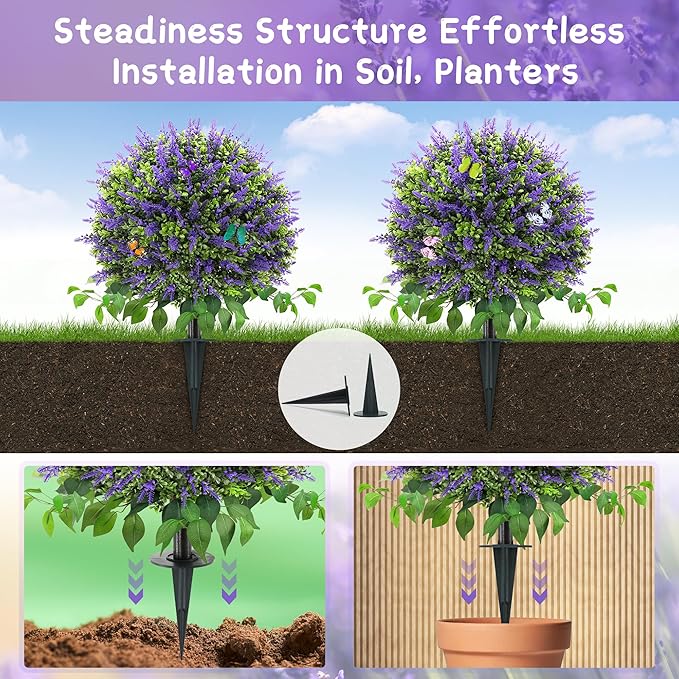 28" Artificial Boxwood Topiary Ball with Lavender, UV Resistant Topiary Tree Faux Boxwood Ball Shaped Porch Bushes with Ground Spike Artificial Bushes for Outdoors Front Door Decor Home Garden-VerdiqueGarden