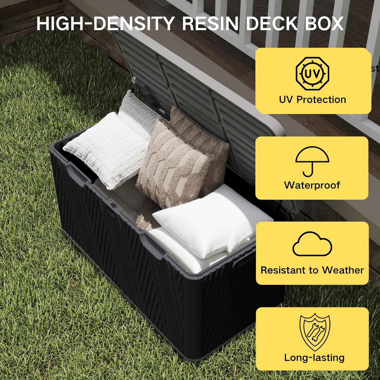 Kingdura 110 Gallon Outdoor Storage Box, Waterproof Resin Deck Box for Indoor and Outdoor Use, Lockable Storage Container for Patio Furniture Cushions Garden Tools (Black, 110 Gallon)-VerdiqueGarden