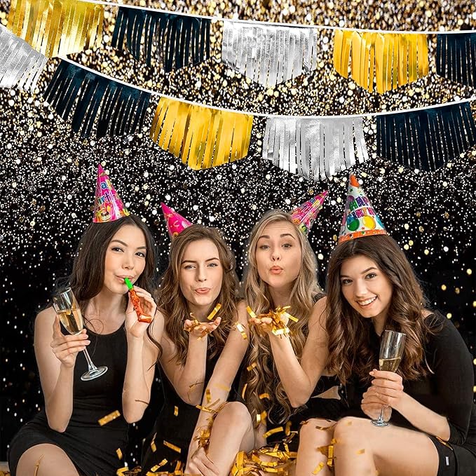 Black Silver Gold Tassel Banner Double Sided Metallic Fabric Pennant Bunting Flag Garland for Graduation Birthday Anniversary Bachelorette Engagement Wedding Bridal Shower Party Decorations Supplies-VerdiqueGarden