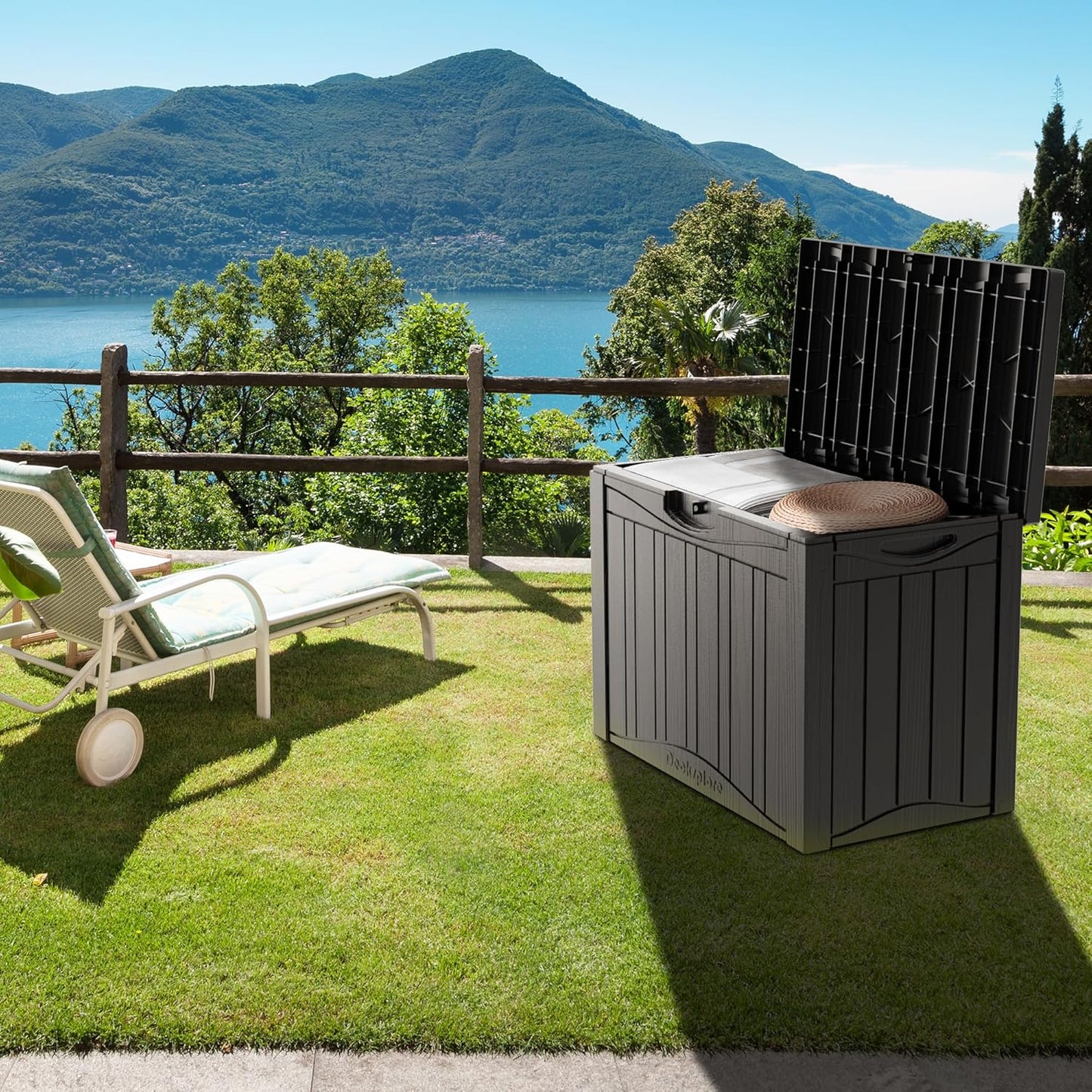 50GAL Brown Deck Box with Special Pattern & Lock Hole – Waterproof, SGS - Approved UV Resistance, Stylish Storage for Outdoor Cushions & Decor, Effortless Assembly-VerdiqueGarden
