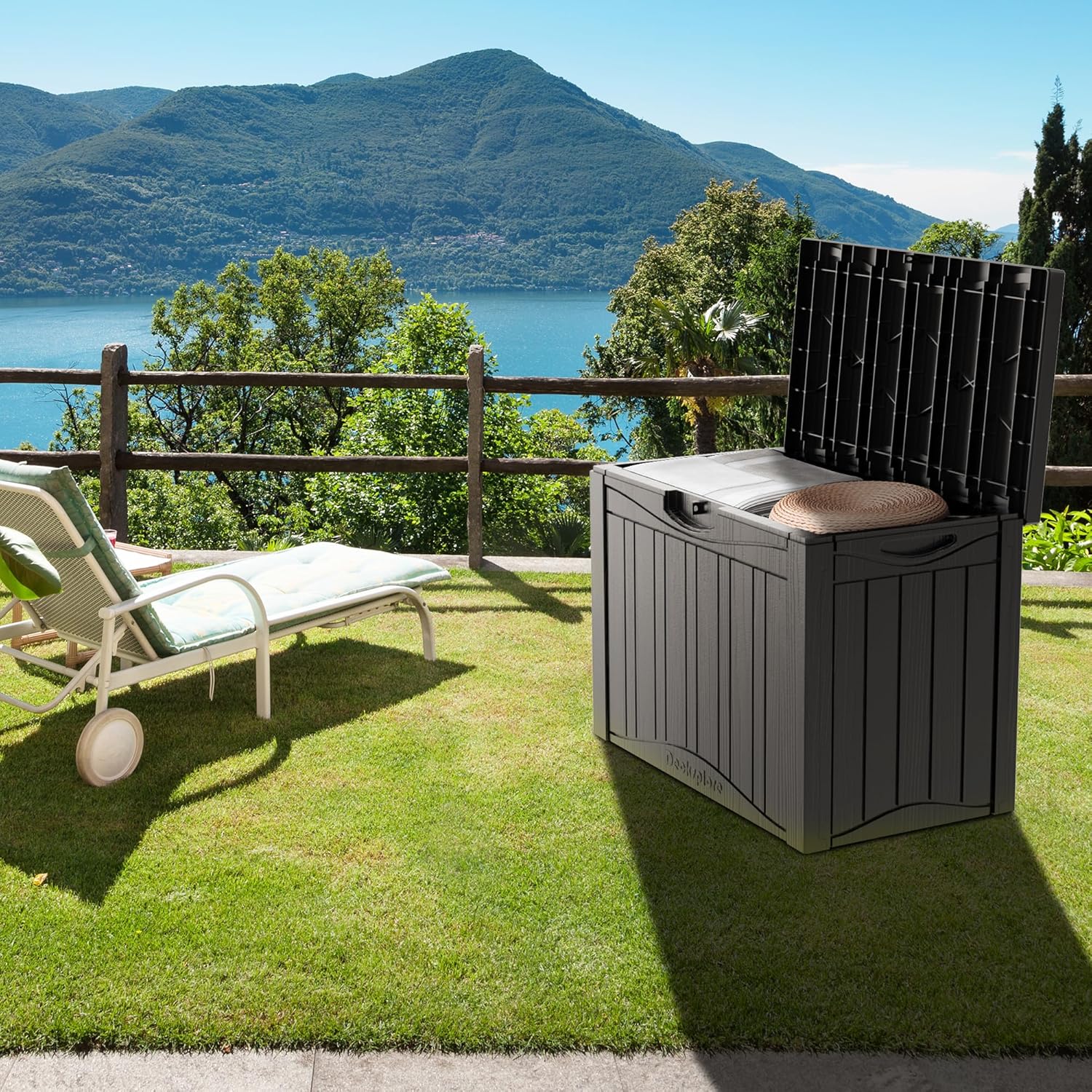 50GAL Brown Deck Box with Special Pattern & Lock Hole – Waterproof, SGS - Approved UV Resistance, Stylish Storage for Outdoor Cushions & Decor, Effortless Assembly-VerdiqueGarden