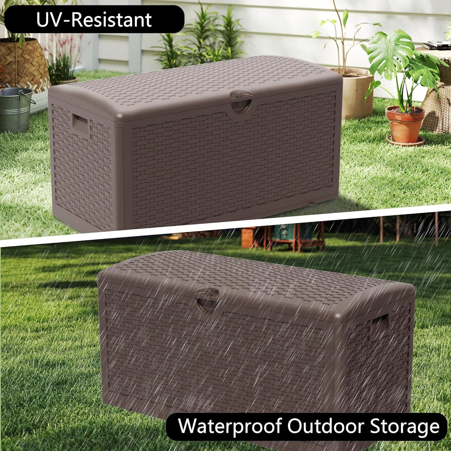 80 Gallon Pro Resin Deck Box, Waterproof Outdoor Storage Bin for Patio, Poolside, and Garden, Lockable & UV-Resistant,Brown-VerdiqueGarden