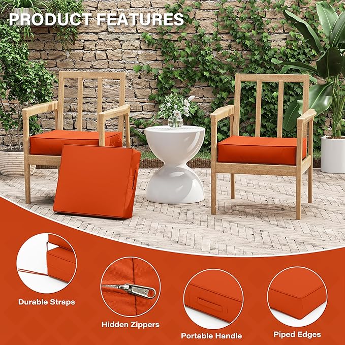 Patio Chair Cushions 18.5 X 16 X 4 Inch Waterproof Outdoor Seat Cushions for Patio Furniture, Outdoor Sofa Couch Pads with Ties & Handle, Set of 2, Orange-VerdiqueGarden